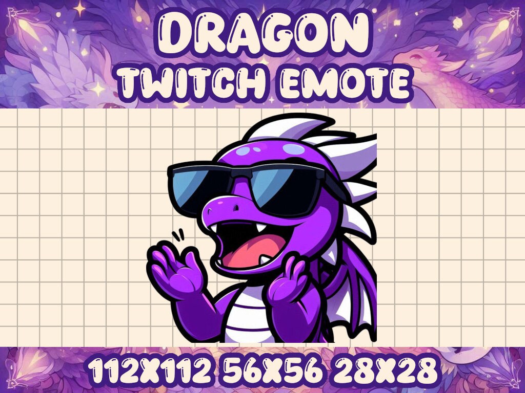 Purple Dragon EZ Clap Emote | Cute Twitch Discord Icons | Kawaii Chibi Gamer Emotes for Livestreams Easy Cool Sunglasses W Win L Loss Meme