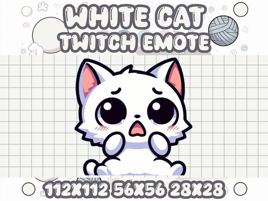 White Cat Scared Emote | Cute Twitch & Discord Icons | Kawaii Chibi Gamer Emotes for Livestreams Worried Scare Fright Startled Help Me SOS