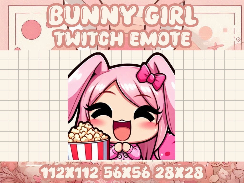 Pink Bunny Girl Popcorn Emote for Twitch Discord Livestream Snack Icons