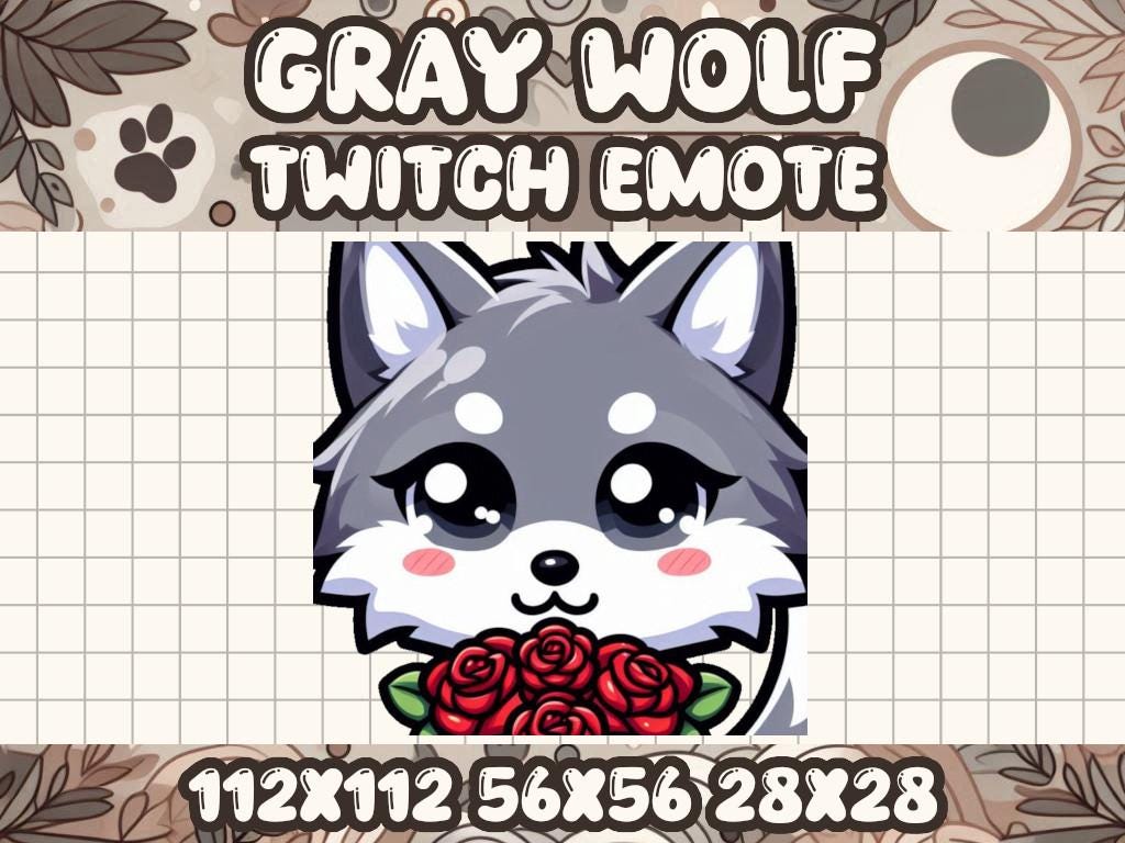 Gray Wolf Roses Emote Cute Twitch Icon for Gamers and Lovers