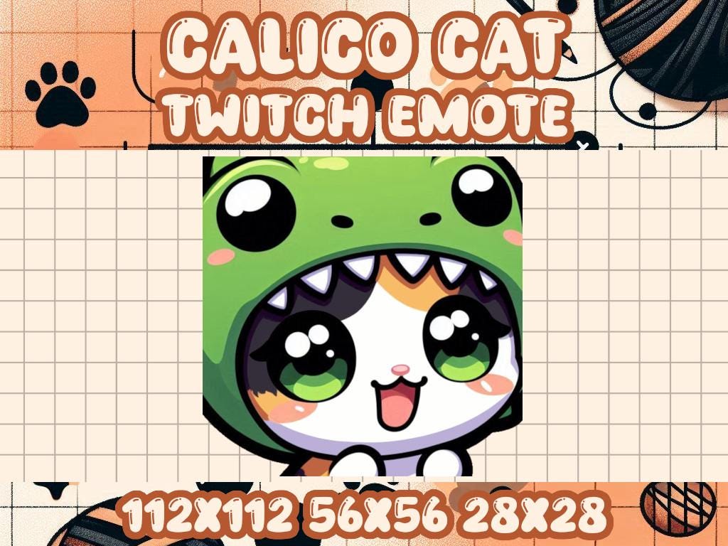Calico Cat Dinosaur Hat Emote: Kawaii Cat Hat for Twitch & Discord Gamers
