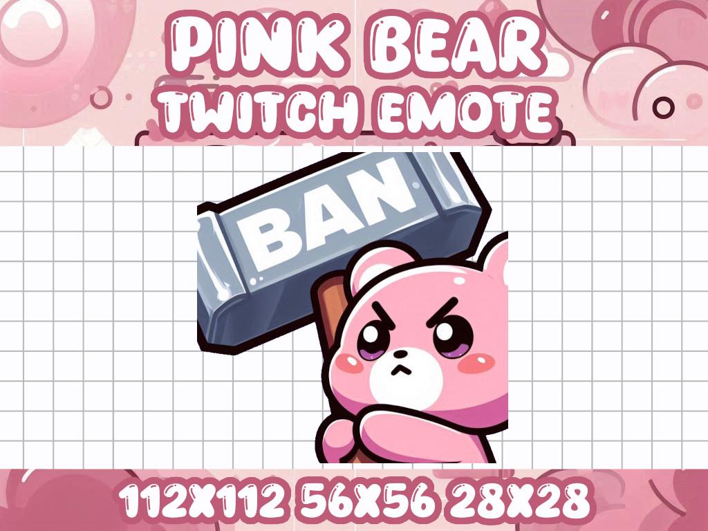 Pink Bear Ban Hammer Emote | Kawaii Gamer Icon for Twitch and Discord