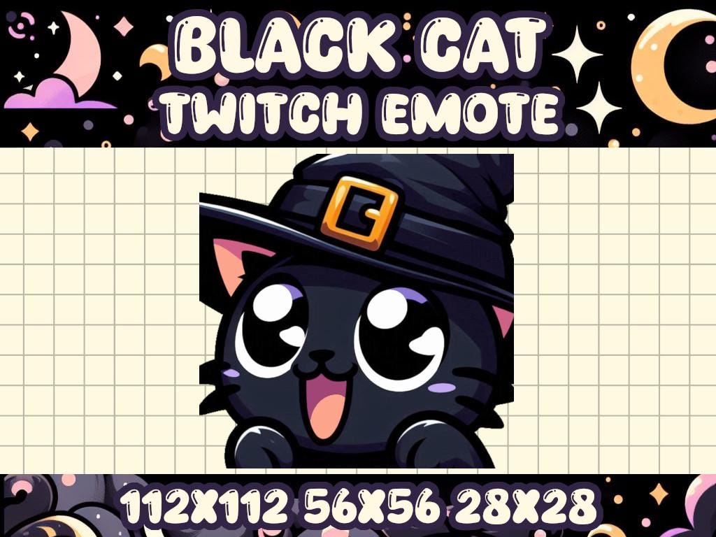 Black Cat Witch Hat Emote | Cute Kawaii Chibi Animal Icon | Adorable Twitch Discord Kitten Kitty POG Hype Spooky Magic Happy Halloween Scary