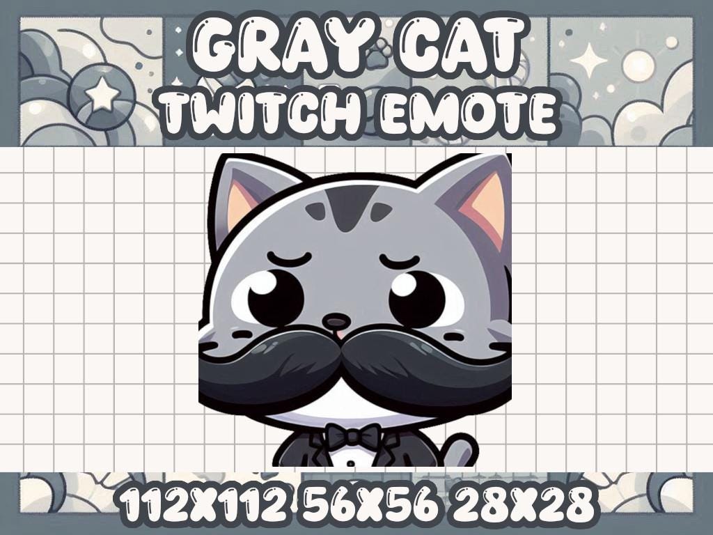 Gray Cat Mustache Emote for Twitch Discord Kawaii Gamer Mood