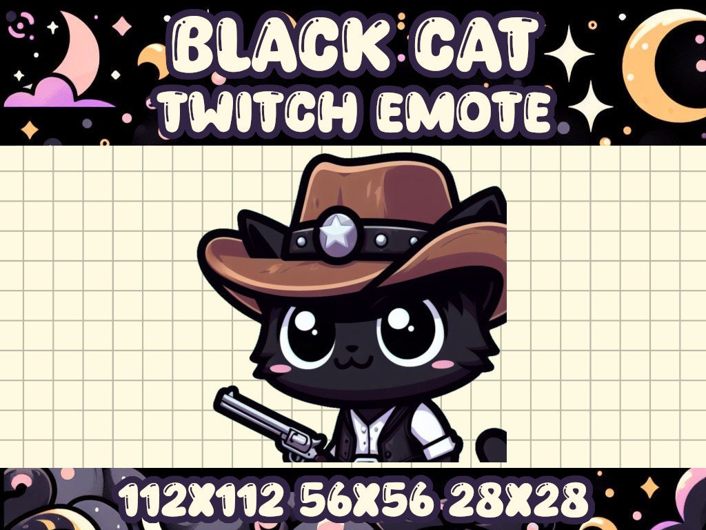 Black Cat Cowboy Emote | Cute Kawaii Chibi Animal Icon | Adorable Gamer Emotes for Twitch & Discord Cowgirl Kitten Kitty Wild West Gun Shoot