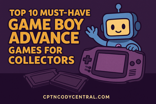 A digital illustration of two Game Boy Advance cartridges and a Game Boy Advance console, featuring Botto, the mascot of CptnCodyCentral, in a playful, retro-inspired design.