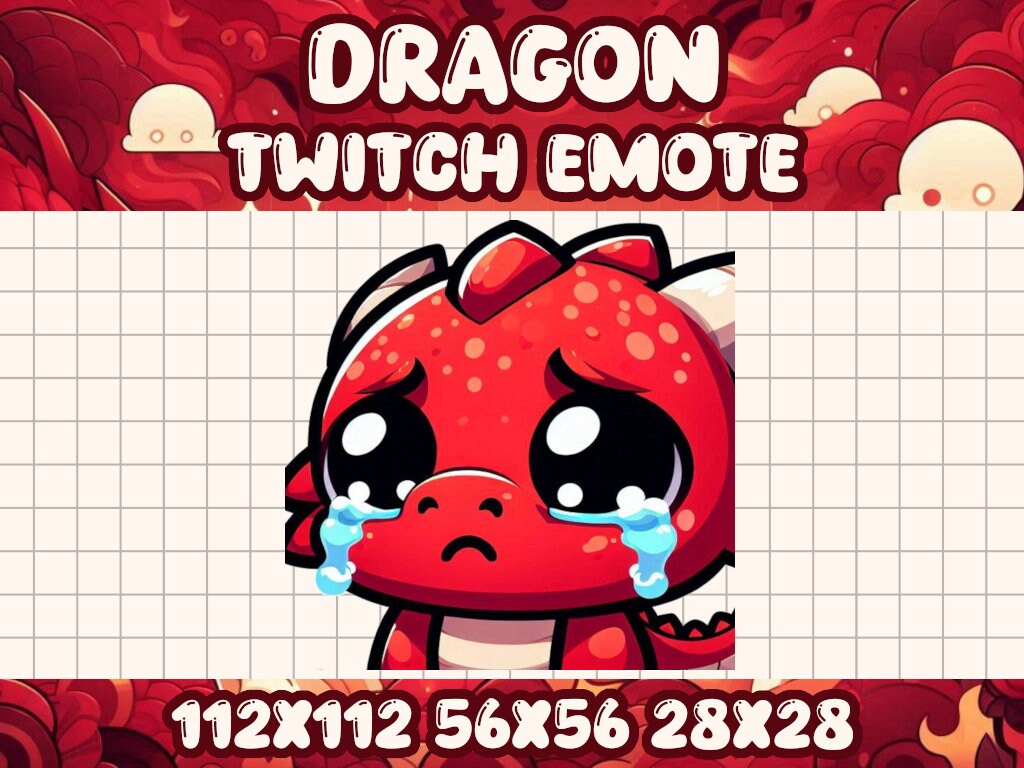 Red Dragon Sad Emote | Cute Twitch Discord Icons | Kawaii Chibi Gamer Emotes for Livestreams Cry Crying Tears Fantasy Draco Sniffle Despair