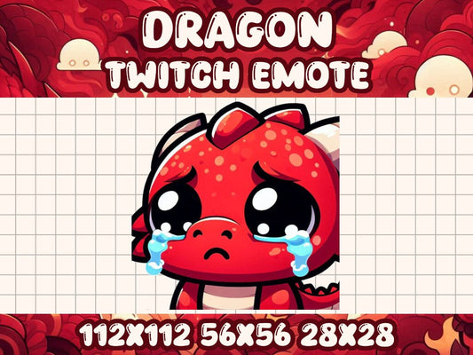Red Dragon Sad Emote | Cute Twitch Discord Icons | Kawaii Chibi Gamer Emotes for Livestreams Cry Crying Tears Fantasy Draco Sniffle Despair