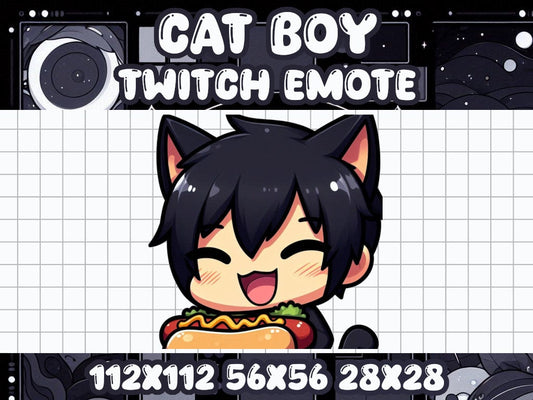 Black Cat Boy Hot Dog Emote | Kawaii Chibi Icon for Twitch and Discord Livestreams