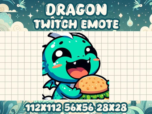 Teal Dragon Burger Emote for Cute Fantasy Gamer Streams on Twitch Discord | Turquoise Blue Green Food Eat Snack Munch Greasy Fast Food Happy