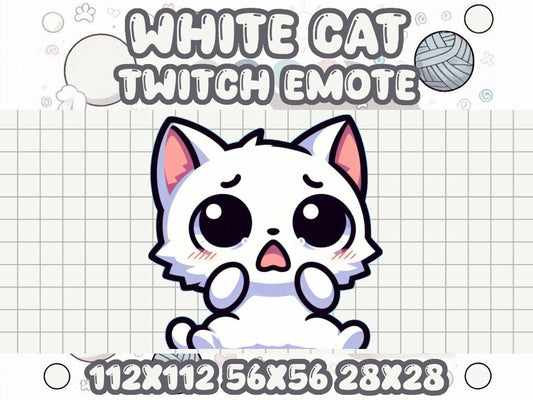 White Cat Scared Emote | Cute Twitch & Discord Icons | Kawaii Chibi Gamer Emotes for Livestreams Worried Scare Fright Startled Help Me SOS