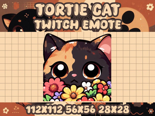 Tortoiseshell Cat Spring Lurk Emote | Cute Twitch Discord Icon | Kawaii Chibi Gamer Emote Tortie Hide Sneak Peek Flower Floral Stare Petal