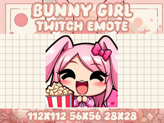 Pink Bunny Girl Popcorn Emote for Twitch Discord Livestream Snack Icons