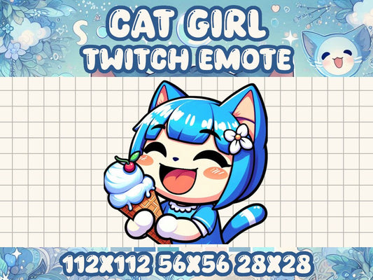 Blue Cat Girl Ice Cream Emote | Cute Twitch & Discord Icons | Kawaii Chibi Gamer Emotes for Livestreams Eat Cone Summer Food Snack Meal Chew