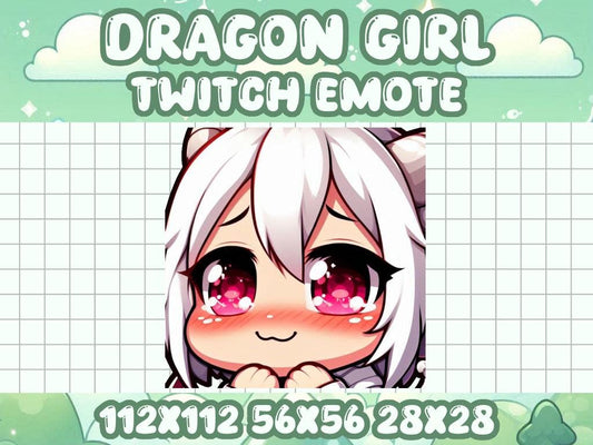 White-Haired Dragon Girl Blush Emote | Cute Anime-Inspired Icon for Twitch & Discord