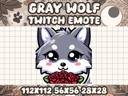Gray Wolf Roses Emote Cute Twitch Icon for Gamers and Lovers