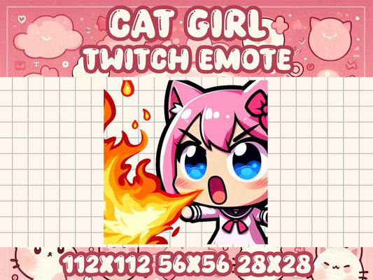 Pink Cat Girl Flamethrower Emote | Kawaii Chibi Icon for Twitch and Discord Livestreams