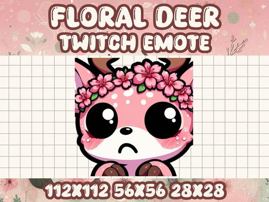 Pink Floral Deer Scared Emote | Cute Kawaii Chibi Afraid Icon for Twitch and Discord