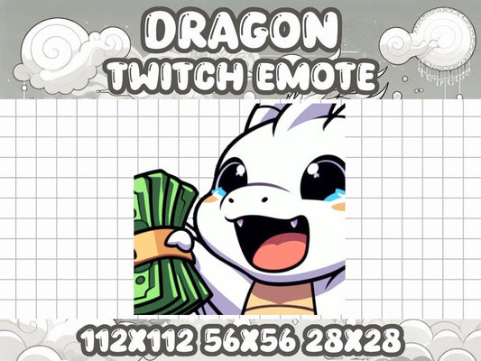 White Dragon Money Emote for Cute Fantasy Gamer Streams on Twitch Discord | Cash Dollar Band Rich Happy Hype Joy Loaded Assets Win