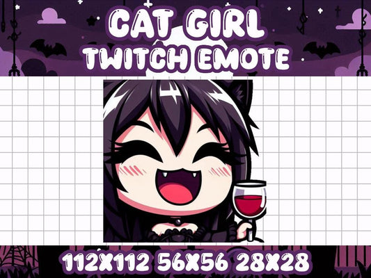 Goth Cat Girl Wine Emote for Twitch and Discord Livestreams | Sip Drink Alcohol Glass Party Relax Calm Cozy Red Wine Laugh Funny Haha