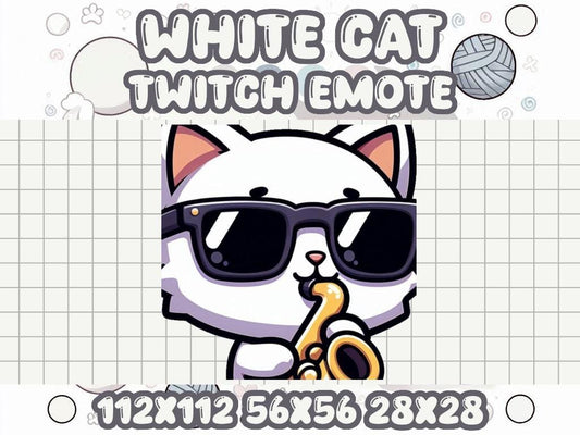 White Cat Saxophone Emote | Kawaii Chibi Jazz Icon for Twitch and Discord