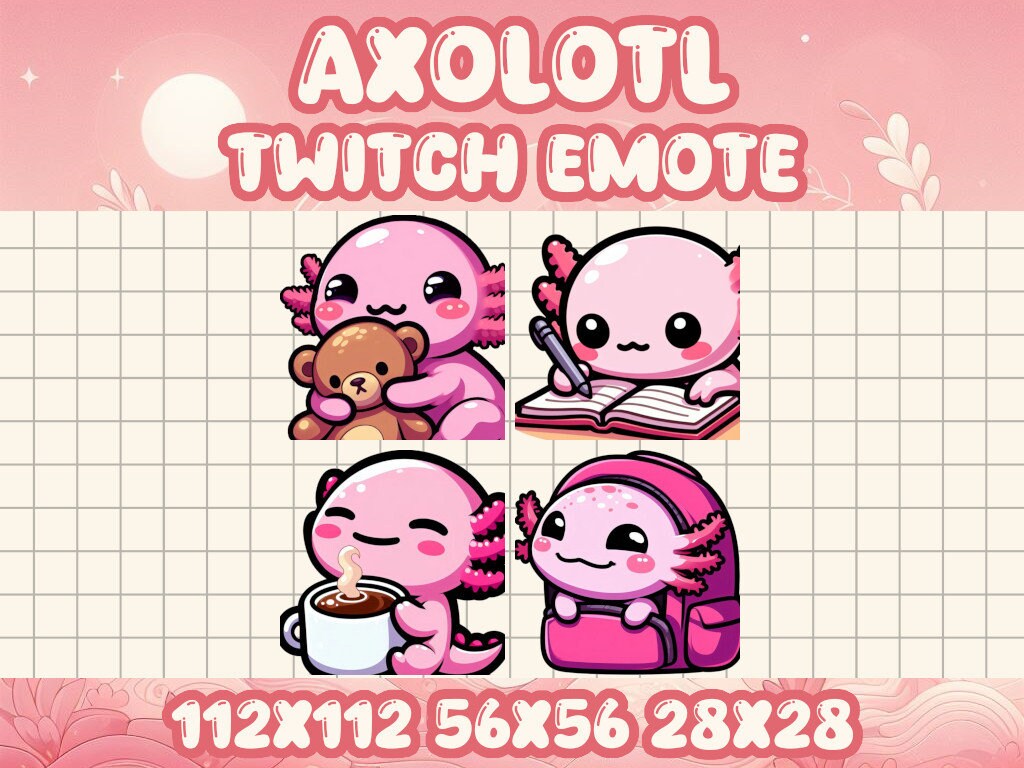 4-Pack Pink Axolotl Emote Bundle | Kawaii Chibi Icons for Twitch & Discord