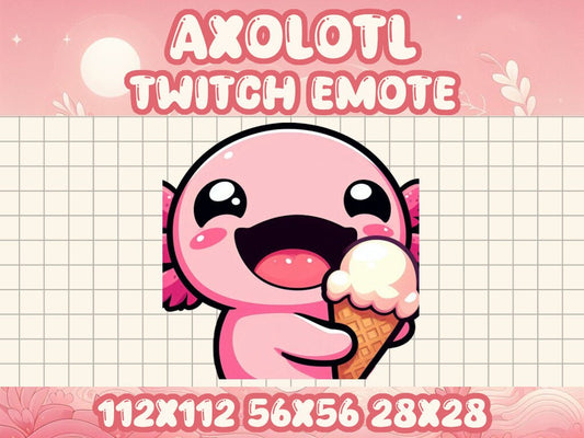 Pink Axolotl Ice Cream Emote | Cute Twitch & Discord Icon | Kawaii Chibi Gamer Emotes for Livestreams Eat Food Summer Snack Cone Happy Munch
