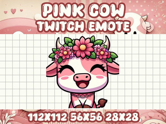Pink Cow Flower Crown Emote | Cute Twitch & Discord Icons | Kawaii Chibi Gamer Emotes for Livestreams Floral Happy Smile Queen King Hype Joy