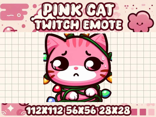 Pink Cat Christmas Lights Emote for Twitch and Discord | Christmas Tree Santa Hat Merry Holiday Jolly Stuck Tangle Wrapped Trouble Chaos