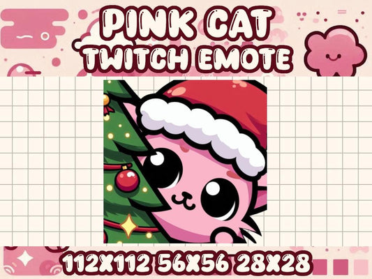 Pink Cat Christmas Lurk Emote for Twitch and Discord | Christmas Tree Santa Hat Merry Holiday Jolly Sneaky Peek Hide Lurking AFK Watch Chill