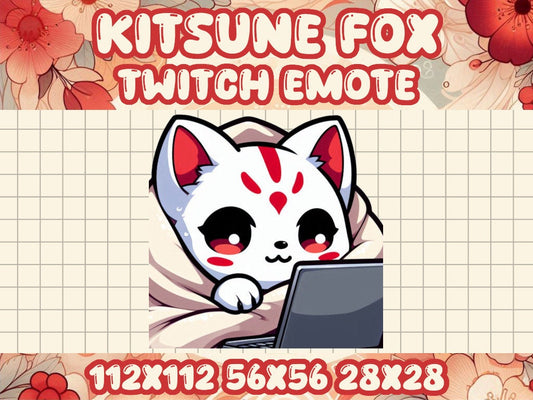 Kitsune Fox Cozy Laptop Emote for Twitch & Discord | Cute Kawaii Chibi Gamer Icon