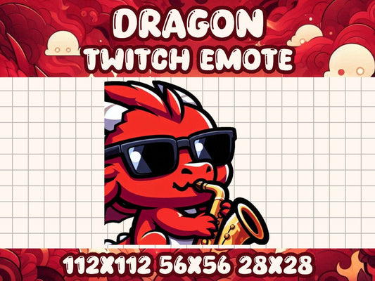Red Dragon Saxophone Emote for Twitch and Discord | Kawaii Chibi Dragon Playing Saxophone | Cute Music Emote for Gamers and Streamers