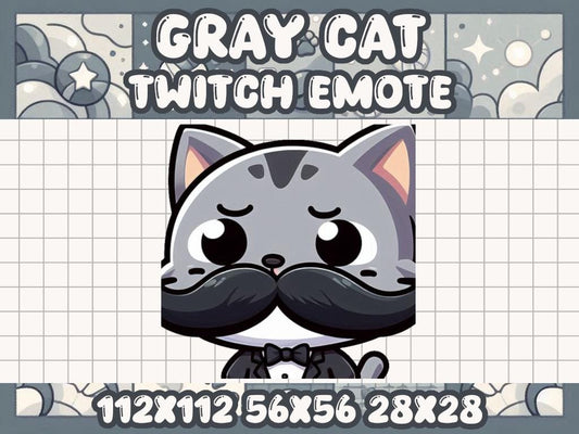 Gray Cat Mustache Emote for Twitch Discord Kawaii Gamer Mood